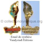 103 02 media press agencies Vandystadt Allsport Photo pin France Surya Bonaly green synthetic enamel signed by Vandystadt Editions