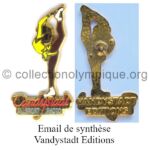 103 05 media press agencies Vandystadt Allsport Photo pin France Surya Bonaly yellow synthetic enamel signed by Vandystadt Editions