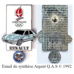 22 01 pin's Club Coubertin Renault argenté bleu signé Q.A.S. (Québec Auto Sport) © 1992