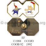 177 32 pin's pont entre Albertville 1992 et Barcelone 1992 avec mascottes olympiques Magique et Cobi émail à froid signé © 1988 COOB 92 © COJO 1992