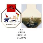 178 02 pin's pont entre Albertville 1992 et Barcelone 1992 logo avec mascottes olympiques Magique et Cobi émail à froid signé © 1988 COOB 92 © COJO 1992