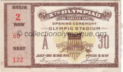 1932 Los Angeles billet olympique cérémonie d'ouverture, 30/07/1932, 11,1 x 6,65 cm