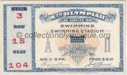 1932 Los Angeles billet olympique natation, 02/08/1932, recto 11,1 x 6,65 cm
