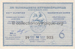 1956 Stockholm billet olympique équitation saut 14/06/1956, recto 12 x 7,9 cm