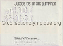 Mexico 1968 billet olympique pelote basque, sport de démonstration, fronton 68, 21/10/1968, 16 x 11,7 cm verso