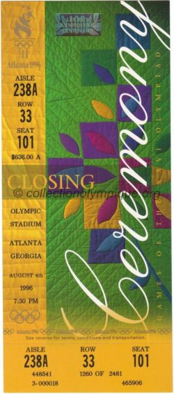 1996 Atlanta olympic ticket closing ceremony, 08/04/1996, 22,2 x 9,6 cm