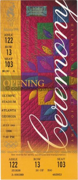 1996 Atlanta olympic ticket opening ceremony, 07/19/1996, 22,2 x 9,6 cm
