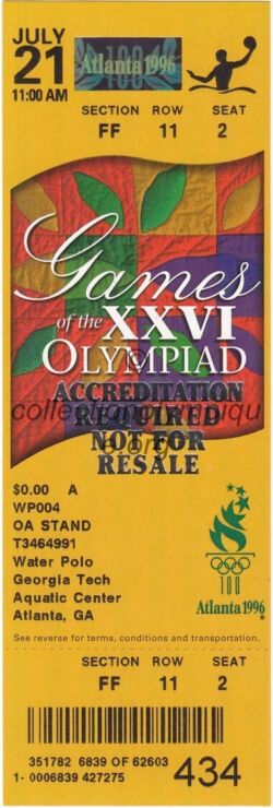 1996 Atlanta olympic ticket Water polo, Aquatic Center, 07/21/1996, front 19 x 6,4 cm
