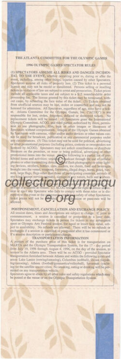 1996 Atlanta olympic ticket Water polo, Aquatic Center, 07/21/1996, back 19 x 6,4 cm