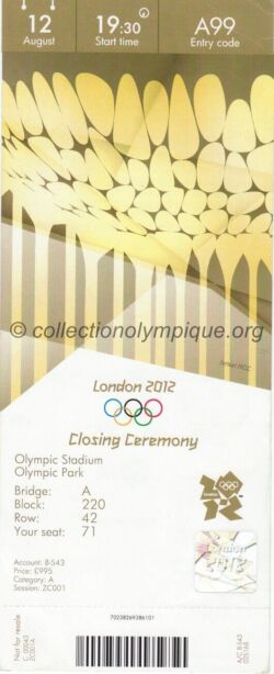 2012 London olympic ticket closing ceremony, 08/12/2012, 22,5 x 8,9 cm