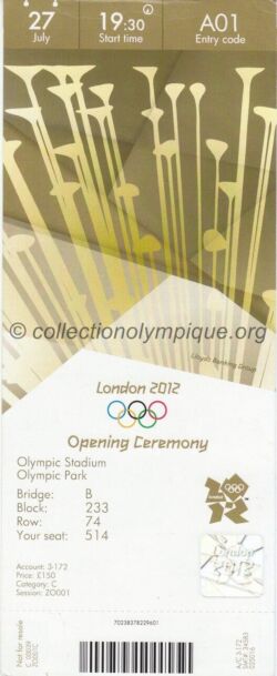 2012 London olympic ticket opening ceremony, 07/27/2012, 22,5 x 8,9 cm