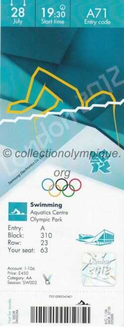 2012 London olympic ticket swimming, Aquatics Centre, 07/28/2012, front 20,1 x 7,7 cm