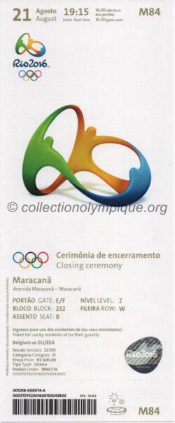 2016 Rio billet olympique cérémonie de clôture, 21/08/2016, 22 x 9,1 cm