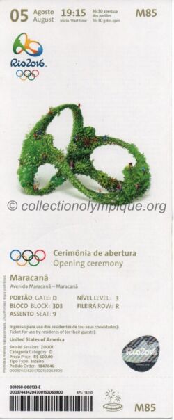 2016 Rio billet olympique cérémonie d'ouverture, 05/08/2016, 22 x 9,1 cm