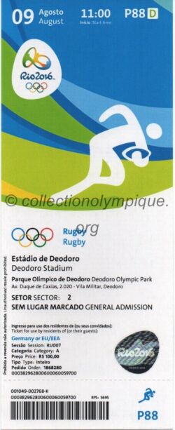 2016 Rio billet olympique rugby, Stade de Déodoro, 09/08/2016, recto 19 x 7,6 cm