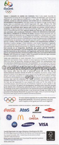 2016 Rio billet olympique rugby, Stade de Déodoro, 09/08/2016, verso 19 x 7,6 cm