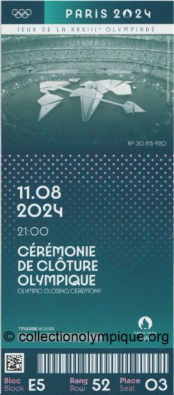 Paris 2024 billet olympique cérémonie de clôture, stade de France, 11/08/2024, 20,4 x 9,1 cm