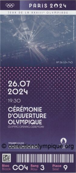 Paris 2024 billet olympique cérémonie d'ouverture, la Seine, 26/07/2024, 20,4 x 9,1 cm