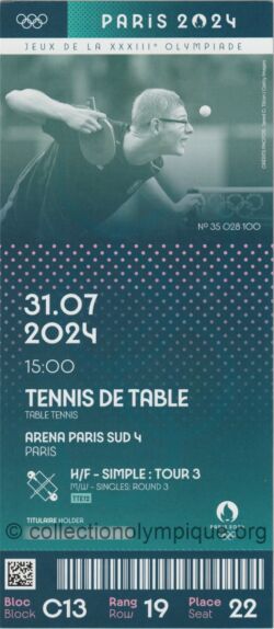 Paris 2024 billet olympique tennis de table, Arena paris Sud 4, 31/07/2024, 20,4 x 9,1 cm